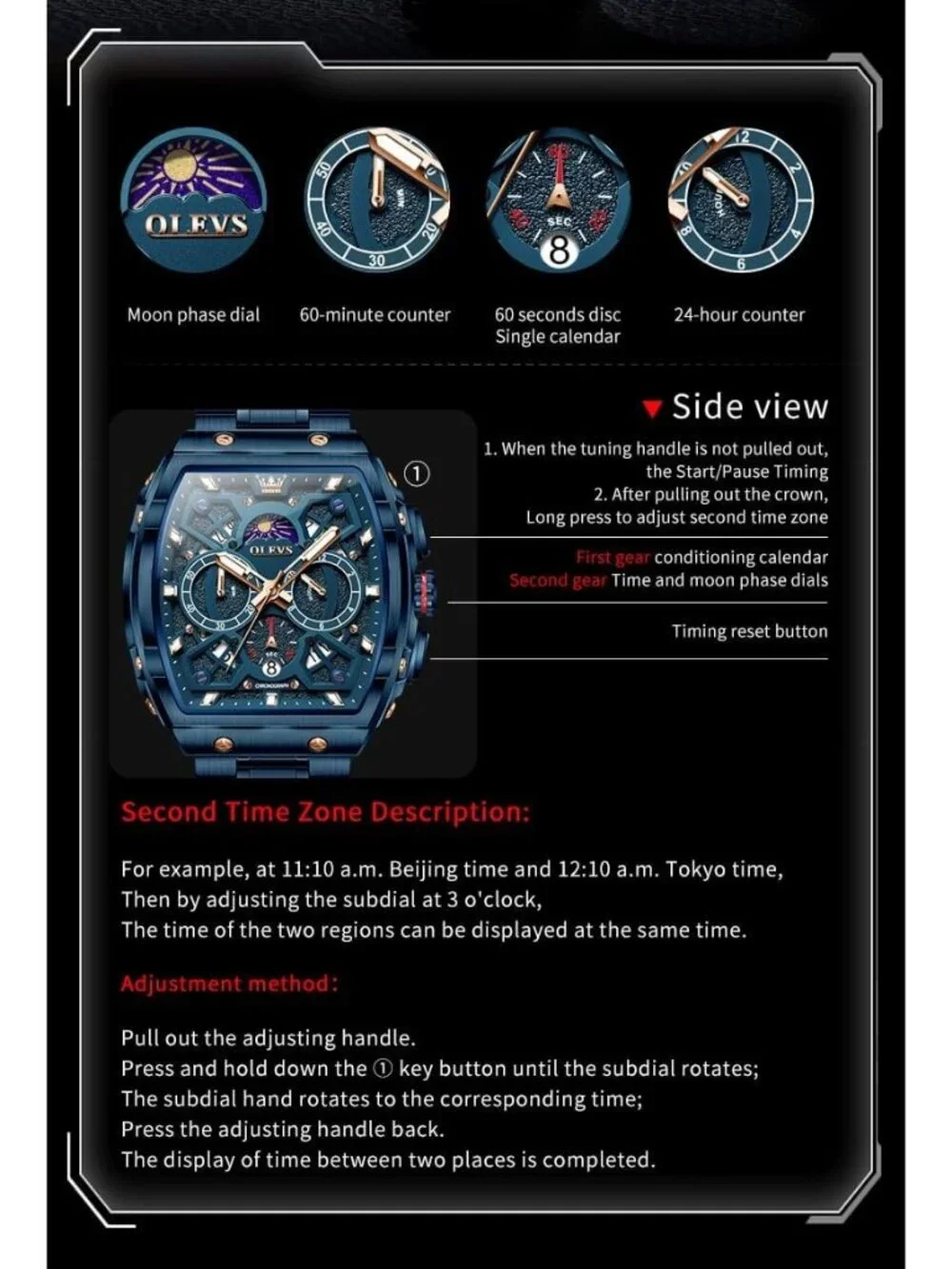 Men's Blue Chronograph Big Square Analog Stainless Steel Date Wrist Watch